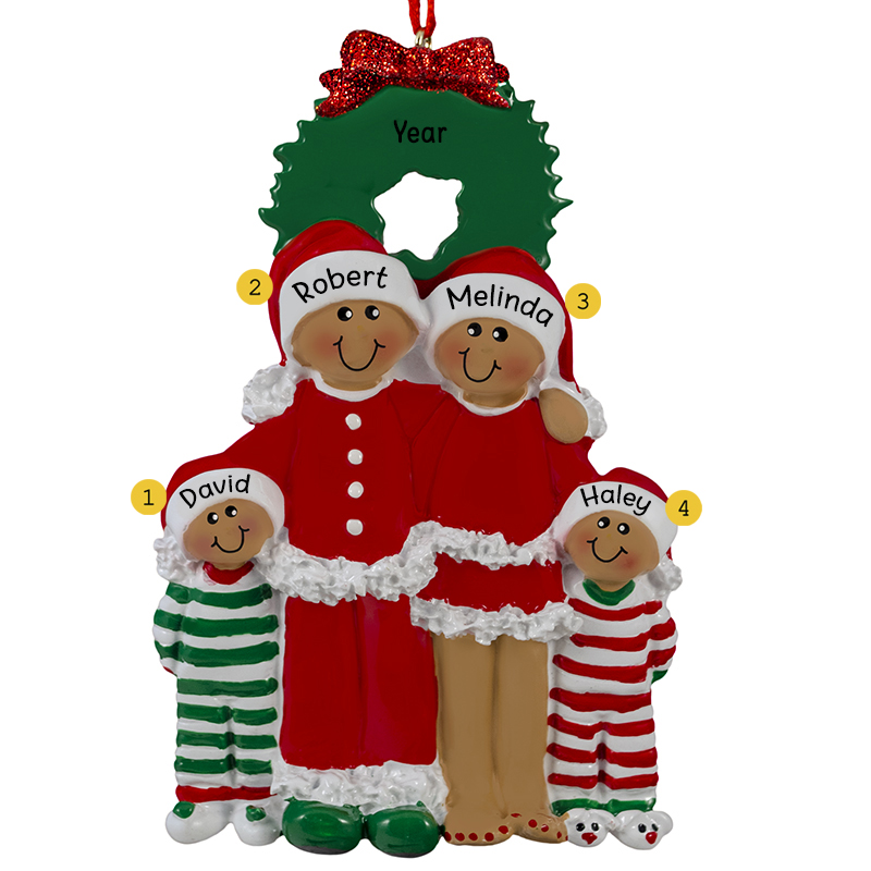 African American Family Of 4 In Pajamas Ornament | Personalized ...