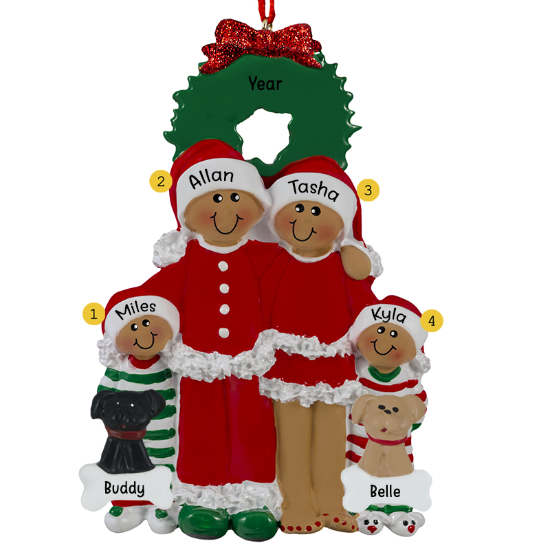 African American Family Of 4 With 2 Dogs In Pajamas Ornament ...
