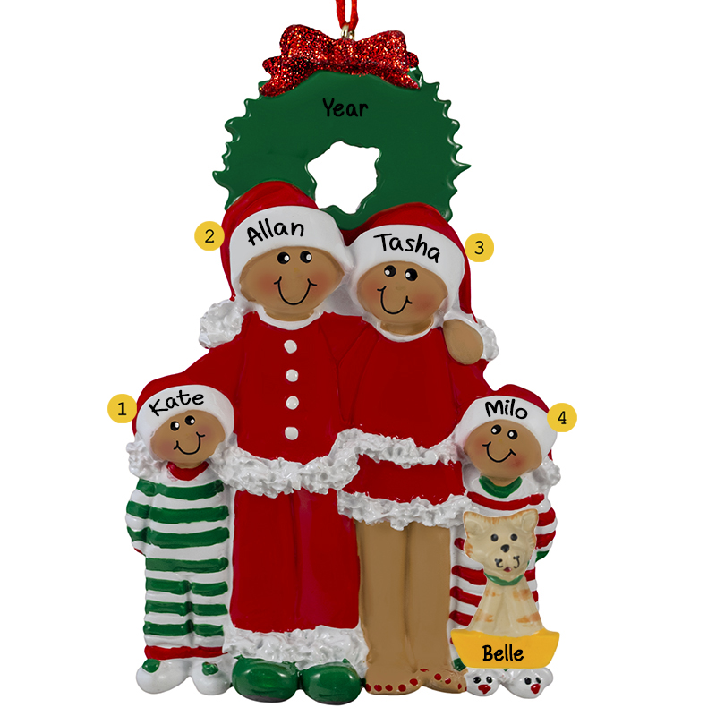 African American Family Of 4 With Cat In Pajamas Ornament ...