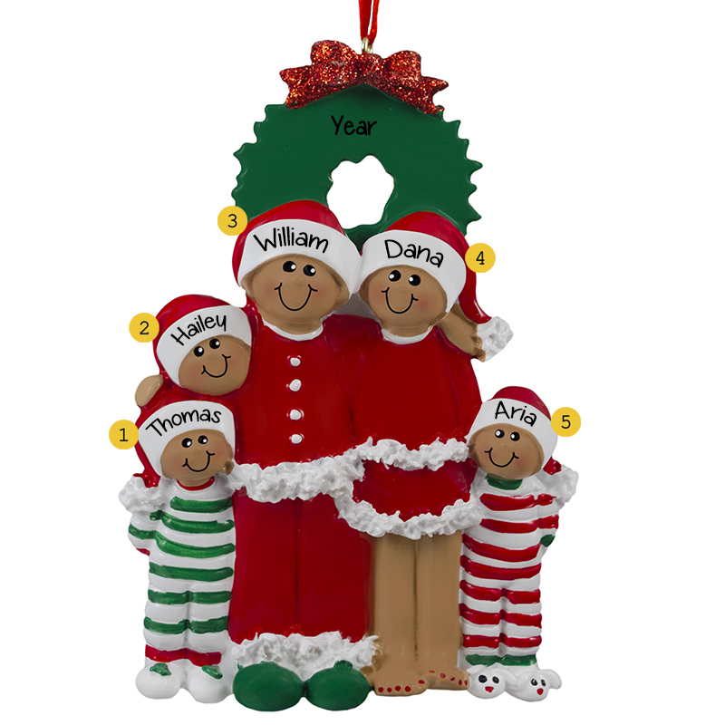 African American Family Of 5 In Pajamas Ornament | Personalized ...