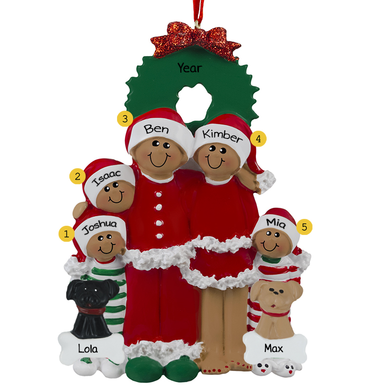 African American Family Of 5 In Pajamas With 2 Dogs Ornament ...