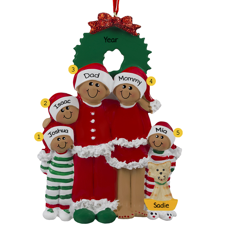 African American Family Of 5 In Pajamas With Cat Ornament ...