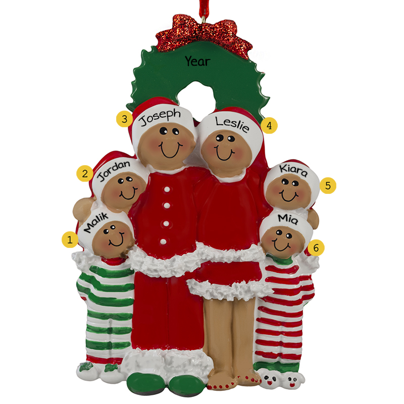 African American Family Of 6 In Pajamas Ornament | Personalized ...