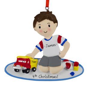 Image of Boy Playing With Trucks 4th Christmas Ornament