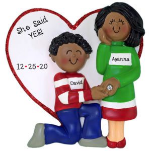 Image of AFRICAN American Couple Engagement On Glittered Heart Ornament