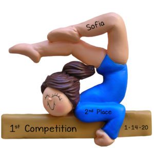 Image of 1st Gymnastics Competition Girl BLUE Leotard Ornament BRUNETTE