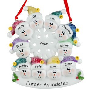 Image of Workplace Or Team Of 10 Snowmen Glittered Flake Ornament