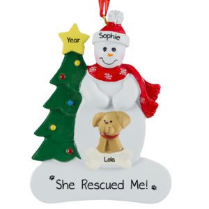 Image of Snowman Wearing Red Scarf With Rescue Dog Ornament