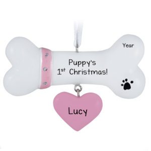 Image of Puppy's 1st Christmas Bone Dangling PINK Heart Ornament