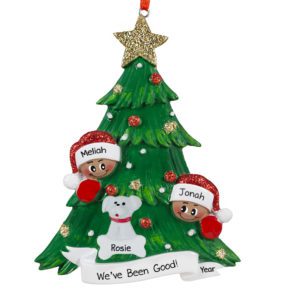 Image of Two Ethnic Children And Dog On Decorated Tree Ornament