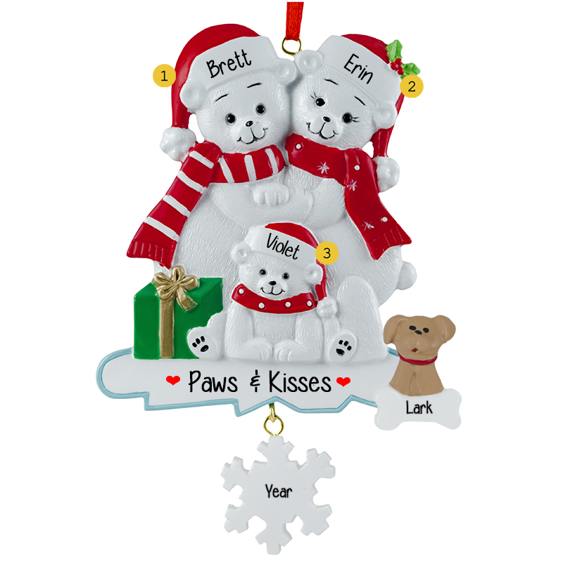 Polar Bear Family of 3 With Dog Personalized Ornament | Personalized ...