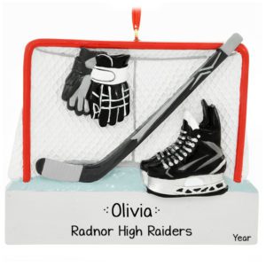Image of Ice Hockey Gloves Stick Skates and Goal Personalized Ornament