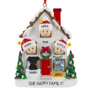 Personalized Fireplace Family of 3 w/ 2 Dog or Cat Christmas Ornament 