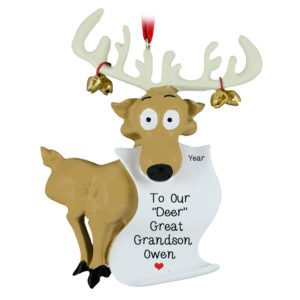 Image of Great Grandson Reindeer Holding Scroll Ornament