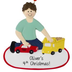 Image of Personalized 4th Christmas Boy Playing With Trucks Ornament