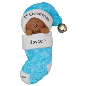 Image of African American Baby Boy's 1st Christmas BLUE Glittered Stocking Ornament