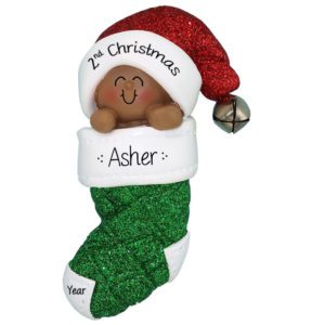 Image of African American Baby Boy's 2nd Christmas GREEN Glittered Stocking Ornament
