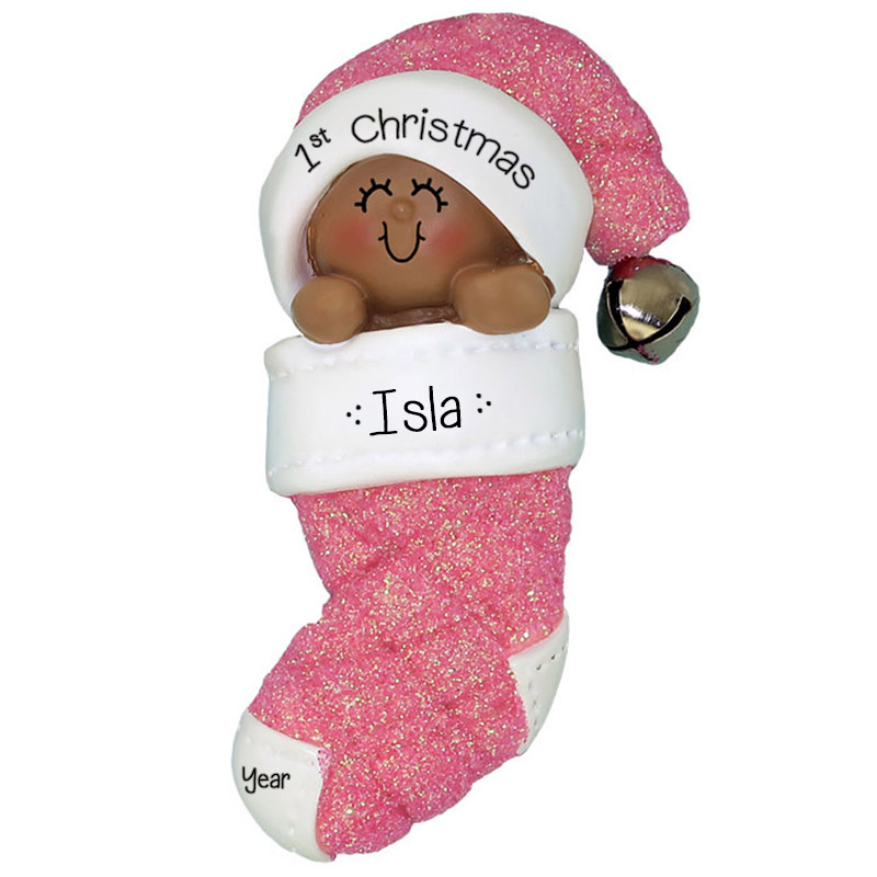 African American Baby Girl's 1st Christmas PINK Glittered Stocking