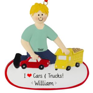 Image of Personalized BLONDE Boy Playing With Cars and Trucks Ornament