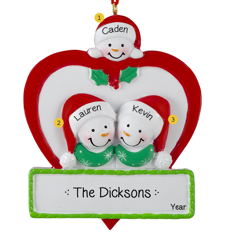 Personalized Family Of 3 Snowmen In Heart Ornament - Personalized ...