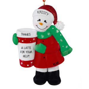 Image of Thanks A Latte Snowman Holding Coffee Personalized Ornament