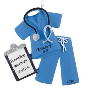 Image of Frontline Warrior Personalized BLUE Scrubs And Stethoscope Ornament