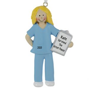 Image of Personalized FEMALE Wearing BLUE Scrubs During Quarantine Ornament BLONDE
