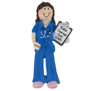 Image of Courage Over COVID FEMALE Nurse/Doctor BLUE Scrubs Personalized Ornament
