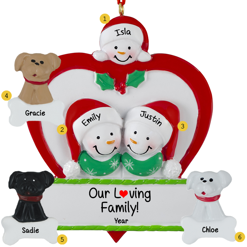 Personalized Family Of 3 In Heart With 3 Pets Ornament - Personalized ...