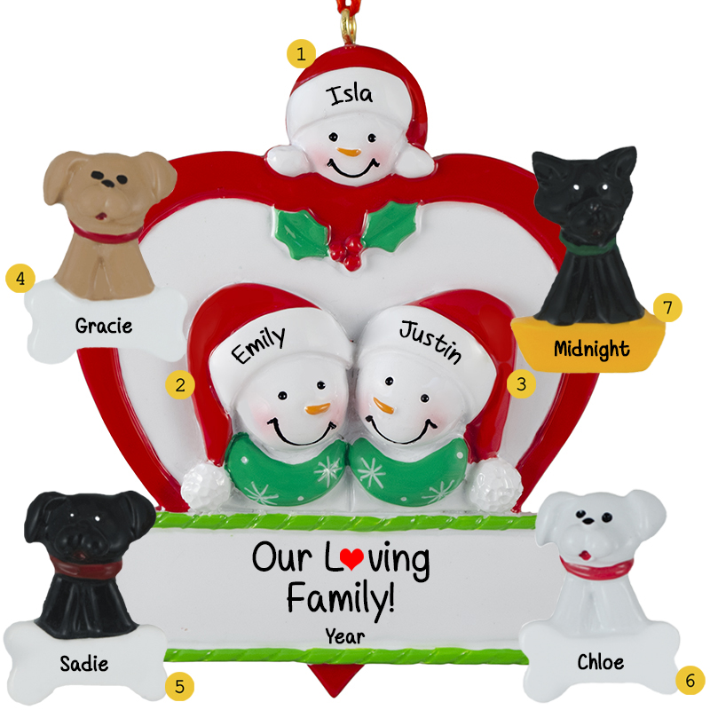 Personalized Family Of 3 In Heart With 4 Pets Ornament - Personalized ...