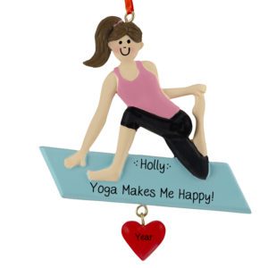 Image of Personalized Yoga Female On Mat Dangling Heart Ornament BRUNETTE
