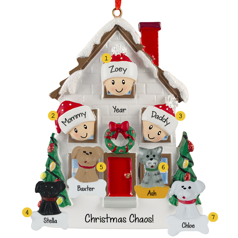 Personalized House Family Of Three With 4 Pets Ornament - Personalized ...