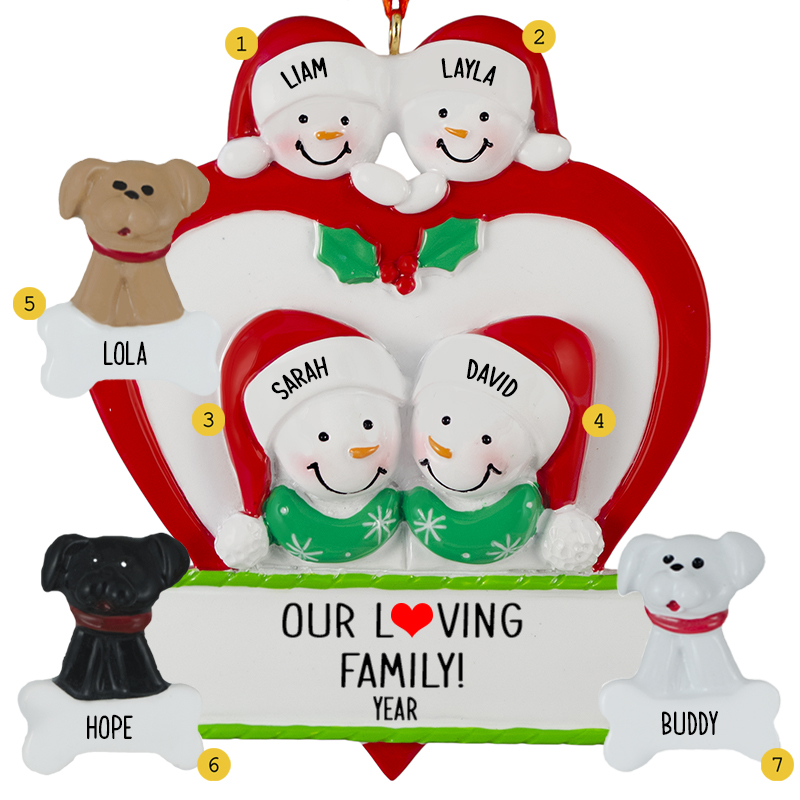 Personalized Family Of 4 In Heart With 3 Pets Ornament - Personalized ...