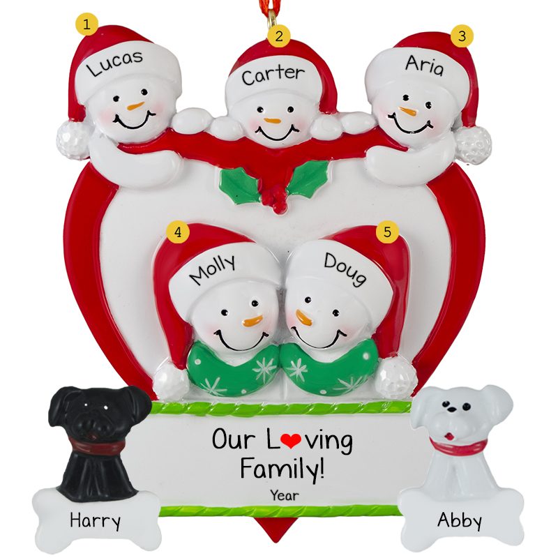 Personalized Family Of 5 In Heart With 2 Pets Ornament - Personalized ...