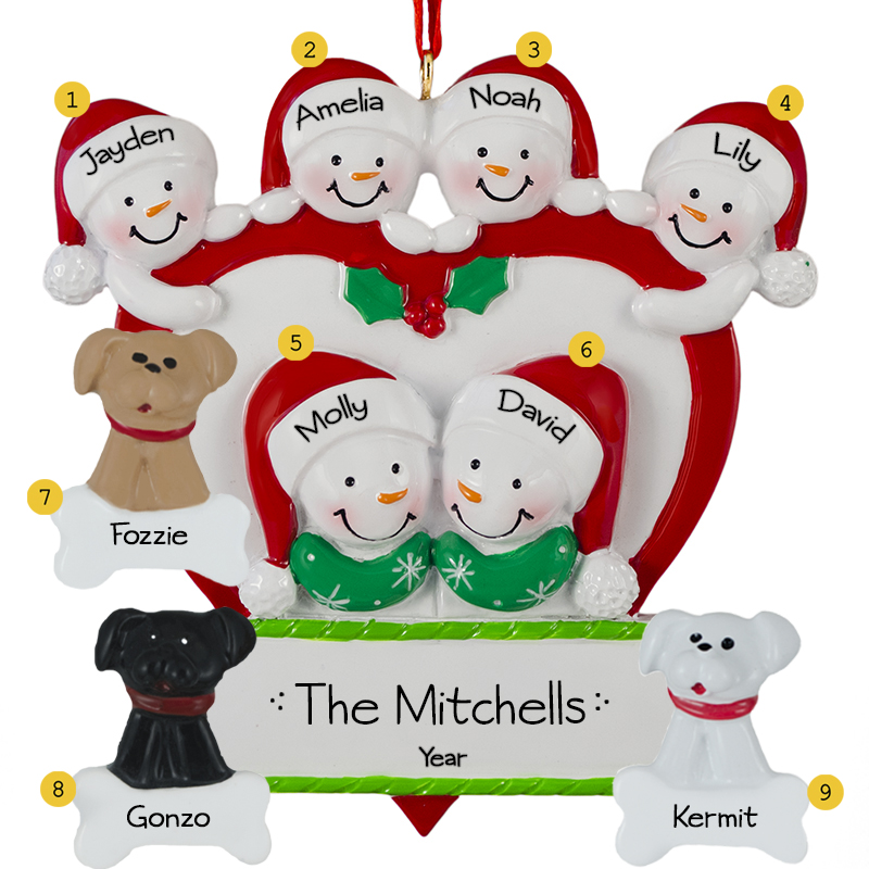 Personalized Family Of 6 In Heart With 3 Pets Ornament - Personalized ...