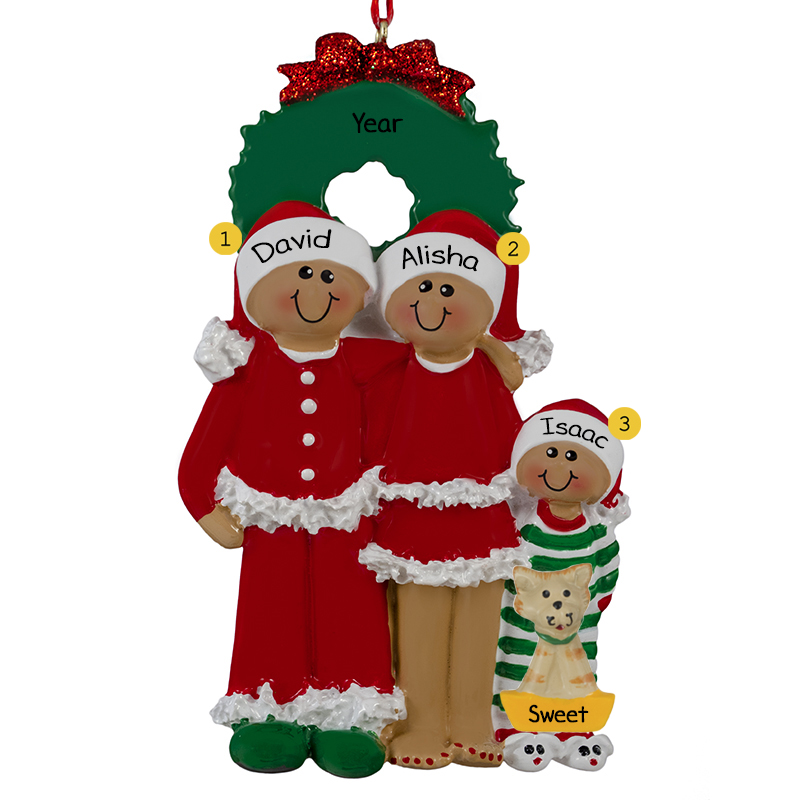 African American Family Of 3 In Pajamas With Cat Ornament ...