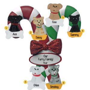 Image of Personalized 6 Pets On Candy Cane Glittered Bow Ornament