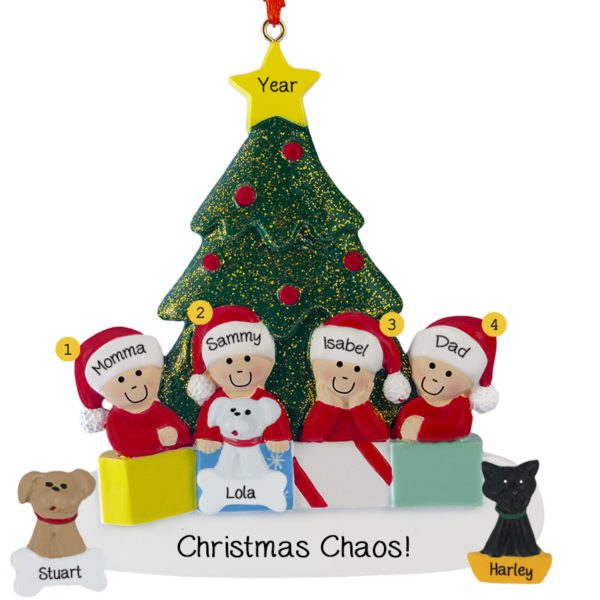 Personalized Family Of 4 With 3 Pets Glittered Tree Ornament ...