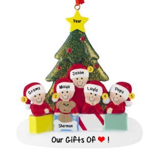 Image of Grandparents And 3 Grandkids With Pet Glittered Tree Ornament
