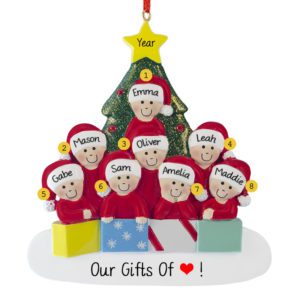 Personalized Fireplace Family of 8 w/ Dog or Cat Christmas Ornament
