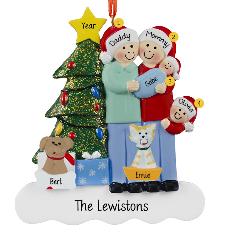 Family Of 4 With Baby BOY And 2 Pets Glittered Tree Ornament ...