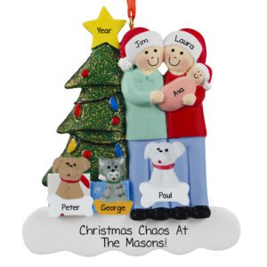 Image of Family Of 3 With Baby GIRL And 3 Pets Glittered Tree Ornament