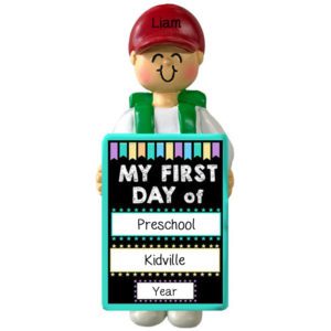 Image of Personalized BOY Holding First Day Of Preschool Chalkboard Ornament