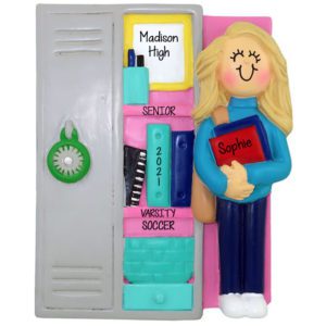Image of Personalized BLONDE Female At SILVER Locker With Books Ornament