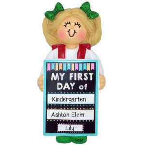 Image of Personalized GIRL Holding First Day Of Kindergarten Chalkboard Ornament BLONDE