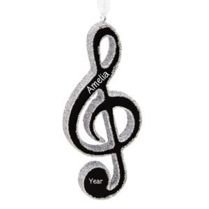 Image of Personalized Black And Silver Treble Clef Glittered Ornament