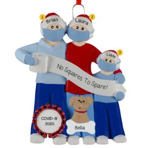 Image of Personalized Family Of Three Wearing Masks During COVID And Pet Ornament