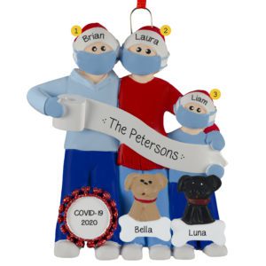Image of Family Of Three Wearing Masks During COVID And 2 Pets Ornament
