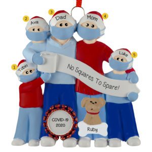 Image of Personalized Family Of Five Wearing Masks With Pet Ornament
