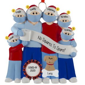 Image of Personalized Family Of Six Wearing Masks With 1 Pet Ornament